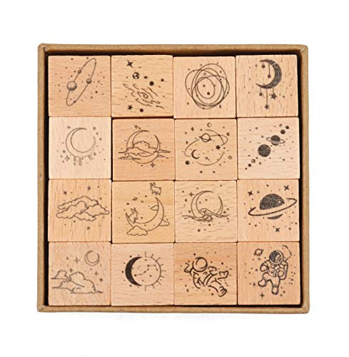 Cliocoo 16pcs Moon Star Mouantain Sea River Wood Rubber Stamp Set M79 Moon Star