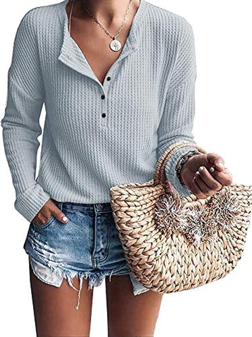 Womens Tunic Tops Loose Long Sleeve Button Up V Neck Henley Waffle Knit Shirts Grey