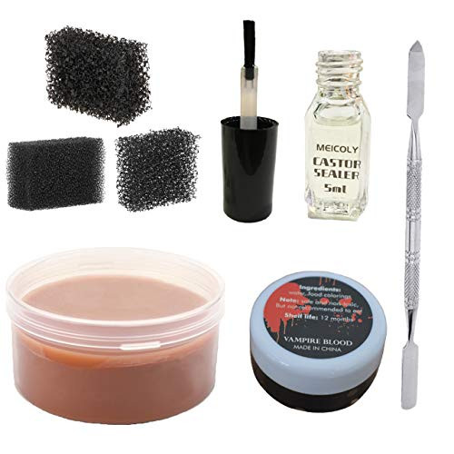 Meicoly Makeup Skin Wax Special Effects Halloween Set Stage Fake Wound ScarMoulding Scars Wax with Spatula Black Stipple SpongeCoagulated Blood Gel5ml Castor Sealer01