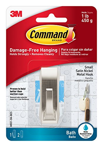 Command Modern Reflections Metal Bath Hook, Small, Satin Nickel, 1-Hook with Water-Resistant Strips (MR01-SN-BES)