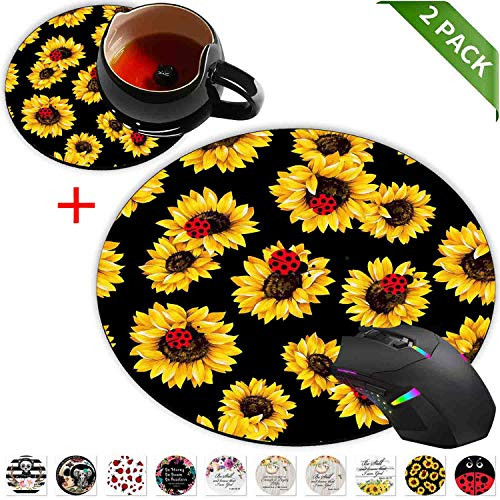 Round Mouse Pad and Coasters Set Sunflower Red Ladybug Mousepad Anti Slip Rubber Round Mousepads Desktop Notebook Mouse Mat for Working and Gaming