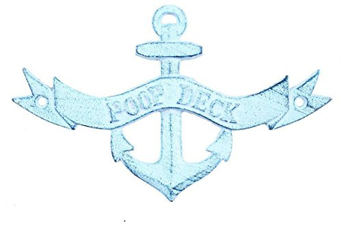 Hampton Nautical K-9313-blue Dark Blue Whitewashed Cast Iron Poop Deck Anchor Sign 8" - Decorative Metal Wall Art - Cast Iron Nautical
