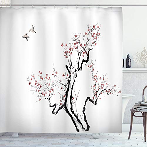 Ambesonne Floral Shower Curtain Classic Paint Style Artwork Flower Branches Blossom and Flying Birds Pattern Cloth Fabric Bathroom Decor Set with Hooks 70 Long Grey White
