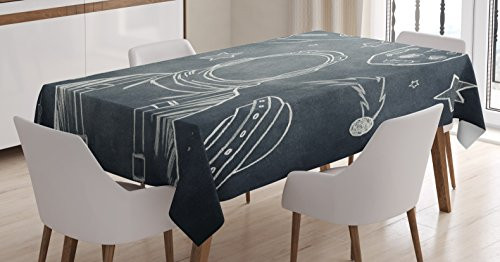 Ambesonne Modern Tablecloth Space Backdrop with Planets and Sketchy Astronaut Asteroid Galaxy Image Rectangular Table Cover for Dining Room Kitchen Decor 60 X 84 Blue White