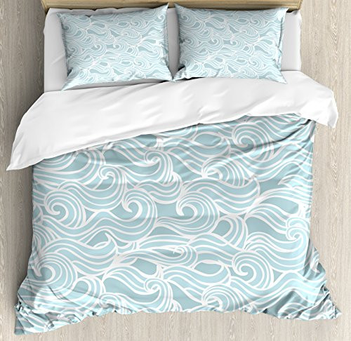 Ambesonne Aqua Duvet Cover Set Abstract Ikat Frame Antique Victorian Style Floral Leaves Details Art Print Decorative 3 Piece Bedding Set with 2 Pillow Shams Queen Size Seafoam White