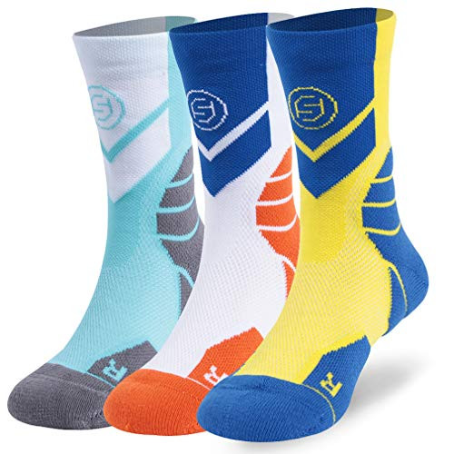 Walking Socks for Youth Forcool Stretchy Support Performance Athletic Jogging Cushioned School Sports Running Crew Socks 3 Pairs Small WhiteBlueYellow