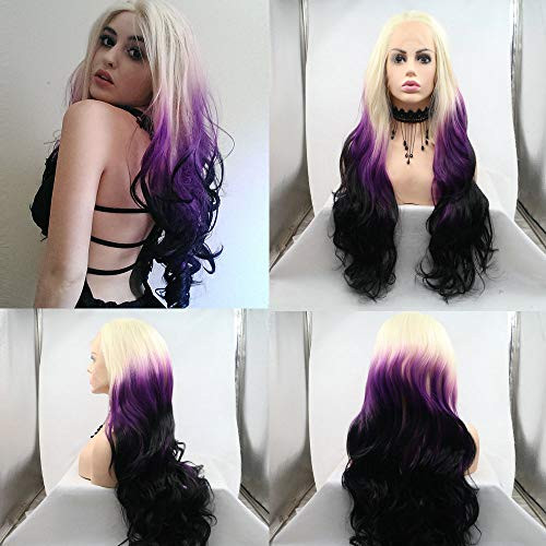 RainaHair 26inches Drag Queen Body Wave Wig Ladies Cosplay Makeup Party Hairstyle Blonde to Purple Black Lace Front Wig Safety Synthetic Hair Ombre Wigs for Women Daily Replacement RainaHair 26inches Drag Queen Body Wave Wig Ladies Cosplay Makeup Party Hairstyle Blonde to Purple Black Lace Front Wig Safety Synthetic Hair Ombre Wigs for Women Daily Replacement