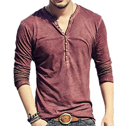 Mens Casual VNeck Button Long Sleeve Henley T Shirts Lightweight Basic Shirts Tops Wine Red XL