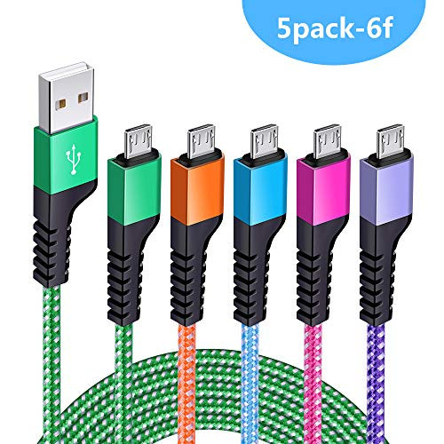 Micro Cable 6Ft,Disoper 5-Pack High Speed USB to Micro USB 2.0 Cable Fast Charging and Syncing Nylon Braided Android Charger Cord Compatible Samsung Galaxy S6 S7, Kindle, Tablet, LG, Sony, BlackBerry