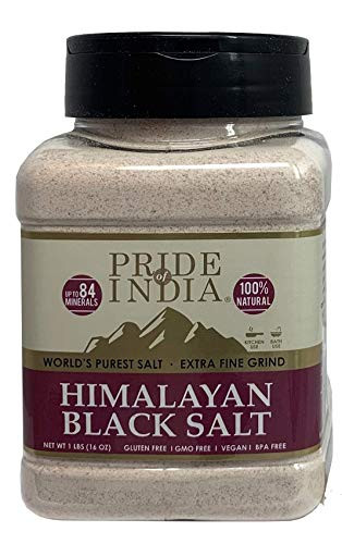 Pride Of India  Himalayan Black Salt Kala Namak Extra Fine 1 Pound 16oz Dual Sifter Jar  84 Natural Mineral Enriched  Great for Vegan Tofu Scrambles  Natural Faux Egg Flavor  Egg replacment