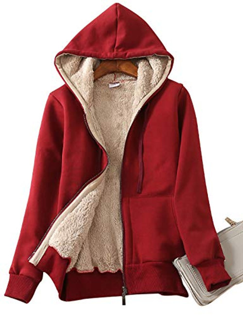 Yeokou Womens Casual Winter Warm Sherpa Lined Zip Up Hooded Sweatshirt Jacket Coat XXLarge WineRed001