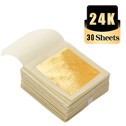 KINNO Edible Gold Leaf Sheets 30 Sheets 17 x 17 24K Yellow Real Gold for Makeup Spa Crafts Gilding Art Bakery Food and Drink Decorations Cake Dessert Coffee or Wine