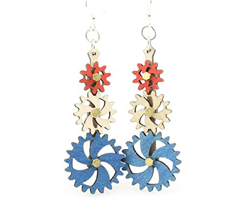 Steampunk Kinetic Moving Gear Earrings  Laser Cut From Sustainably Harvested Wood Red White and Blue