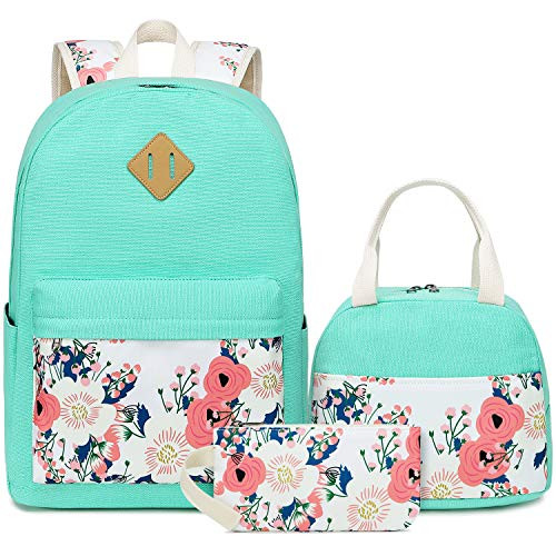 CAMTOP School Backpack Girls Bookbag Set Student School Bags 3 in 1 Laptop Backpack Lunch Box Pencil Case Floral Mint Green