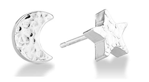 Miabella 925 Sterling Silver Hammered Organic Tiny Crescent Moon And Star Mismatched Post Stud Earrings for Women Teen Girls Made in Italy sterling silver