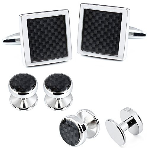 HAWSON Black Carbon Fiber Cuff Links and Dress Studs Set in Presentation Box for Mens Tuxedo