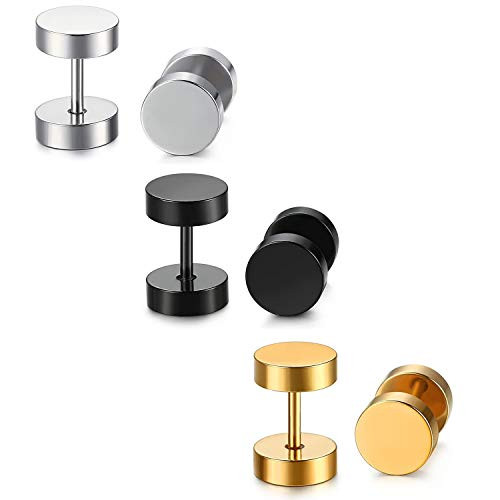 Jstyle Jewelry 3 Pairs Stainless Steel Stud Earrings Set for Mens Womens Ear Piercing Plugs Tunnel Punk Style