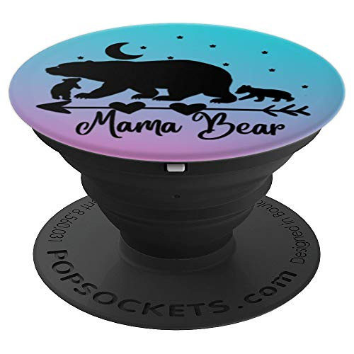 Black Mama Bear and Two Cubs On Pink Turquoise PopSockets Grip and Stand for Phones and Tablets