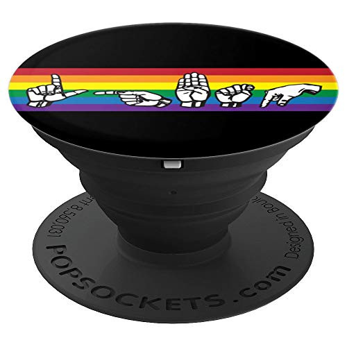 ASL LGBTQ Rainbow American Sign Language on Black PopSockets Grip and Stand for Phones and Tablets