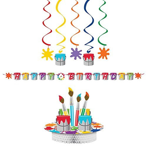 Art Party Supplies Pack Decorations Bundle: Centerpiece, Ribbon Banner, and Dizzy Danglers