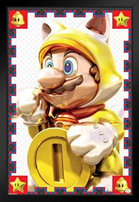 Pyramid America Super Mario Bros Cat Mario Statue Nintendo Black Wood Framed Art Poster 14x20