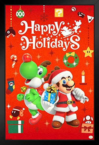 Pyramid America Happy Holidays Mario and Yoshi Nintendo Decoration Black Wood Framed Art Poster 14x20