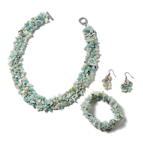 Shop LC Delivering Joy Amazonite Chips Stainless Steel Earrings 65 Inches Bracelet and 18 Inches Necklace Set