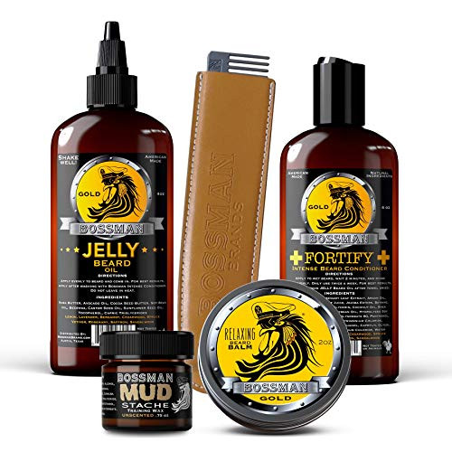 Bossman Complete Beard Kit  Beard Oil Conditioner and Balm Eliminate Beard Itch Grower a Thicker More Mature Beard Gold Scent