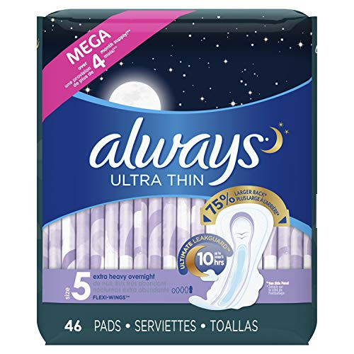 Always Ultra Thin Feminine Pads for Women Size 5 Extra Heavy Overnight Absorbency with FlexiWings Unscented 46 Count Pack of 4