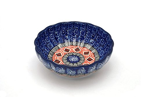 Polish Pottery Bowl  Shallow Scalloped  Small  Aztec Sun