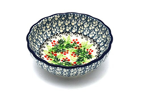 Polish Pottery Bowl  Shallow Scalloped  Small  Holly Berry