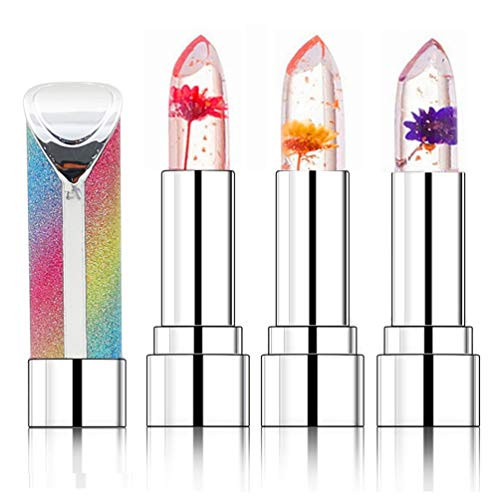 Crystal Jelly Flower Lipstick 3 Packs Nutritious Moisturizer Lip Balm Magic Temperature Color Change Lip Gloss Long Lasting Moisturizing Lip Care Lipstick