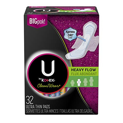 U by Kotex CleanWear Ultra Thin Feminine Pads with Wings Heavy Flow Unscented 96 Count 3 Packs of 32