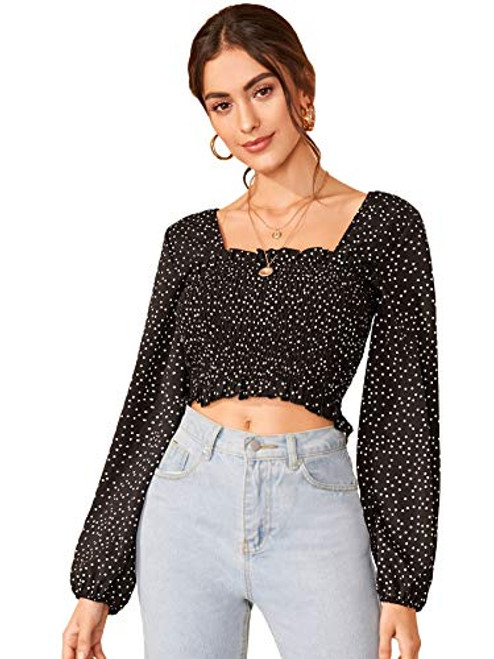 SOLY HUX Womens Polka Dots Square Neck Long Sleeve Frill Trim Smocked Crop Top Blouse Black S SOLY HUX Womens Polka Dots Square Neck Long Sleeve Frill Trim Smocked Crop Top Blouse Black S