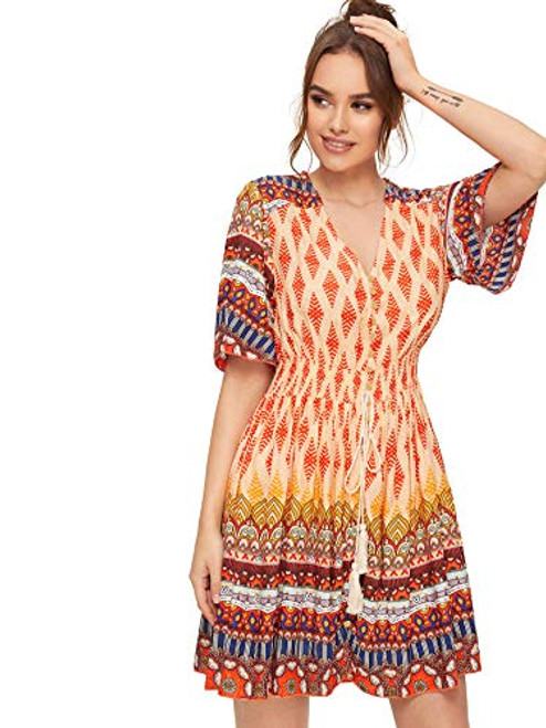 Milumia Womens Boho Floral Print Button Down Ruffle Sleeve Summer Flowy Party Dress Orange Medium