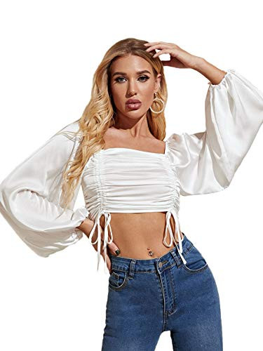 SOLY HUX Womens Square Neck Ruched Tie Front Bishop Long Sleeve Crop Top Blouse White S