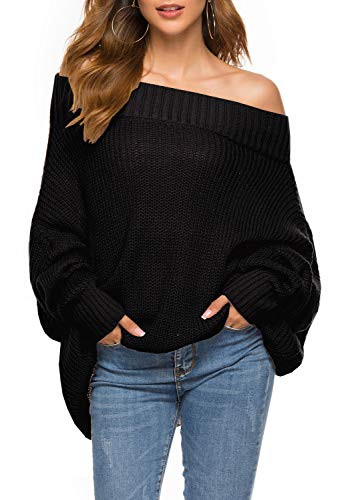 GOLDSTITCH Womens Off Shoulder Batwing Sleeve Loose Oversized Pullover Sweater Knit Jumper Black