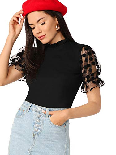 Romwe Womens Summer Short Sleeve Mock Neck Casual Blouse Tops Mesh Black Small