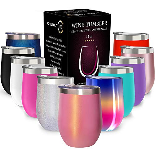 CHILLOUT LIFE Stainless Steel Stemless Wine Glass Tumbler with Lid, 12 oz | Double Wall Vacuum Insulated Travel Tumbler Cup for Coffee, Wine, Cocktails, Ice Cream - Pink Sparkle Wine Tumbler