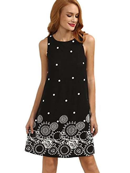 Romwe Womens Summer Sundress Floral Printed Sleeveless Casual A Line Dress Black S