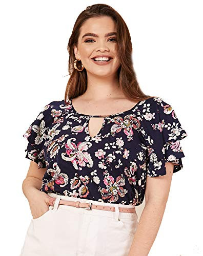 Romwe Womens Plus Size Floral Print Ruffle Short Sleeve Keyhole Neckline Blouse Tee Top Multicolor 1X