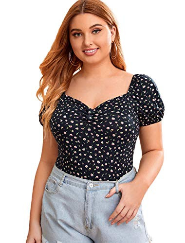 Romwe Womens Plus Size Casual Floral Short Sleeve Sweetheart Tops Shirts Blouse Black 4X