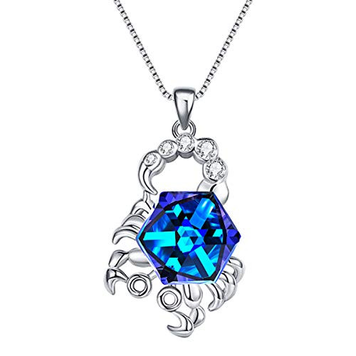 EleQueen 925 Sterling Silver Square Zodiac 12 Constellation Sign Pendants Necklace Blue Made with CrystalsScorpio