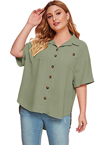 Romwe Womens Plus Size Casual Short Sleeve Button Down High Low Lapel Blouse Shirts Tops Olive Green 1 Plus