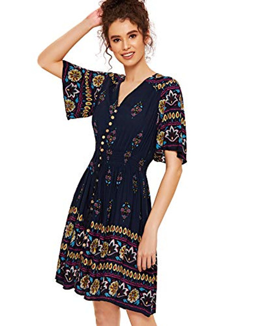 Milumia Womens Boho Floral Print Button Down Ruffle Sleeve Casual Flowy Party Dress Blue Medium