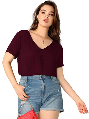 Milumia Womens Casual Plus Size V Neck Button Front Sheer Solid Blouse Tops Maroon XXLarge Plus