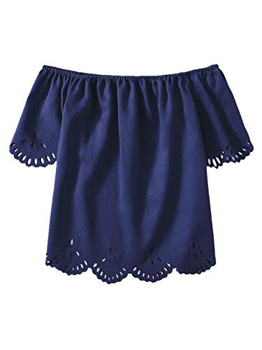 Romwe Womens Short Sleeve Off Shoulder Hollow Out Solid Crop Blouse Top Navy XL