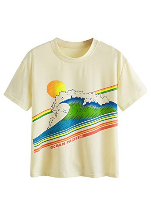 Romwe Womens Summer Wave  Sun Graphic Print TShirt Short Sleeve Casual Tops Tee Yellow4 L