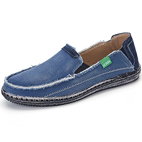 VILOCY Mens Slip on Deck Shoes Canvas Loafer Vintage Flat Boat Shoes Blue US105 EU45