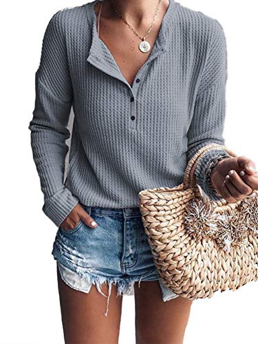 iChunhua Womens Waffle Knit Tunic Tops Loose Long Sleeve Button Up V Neck Henley Shirts S Grey